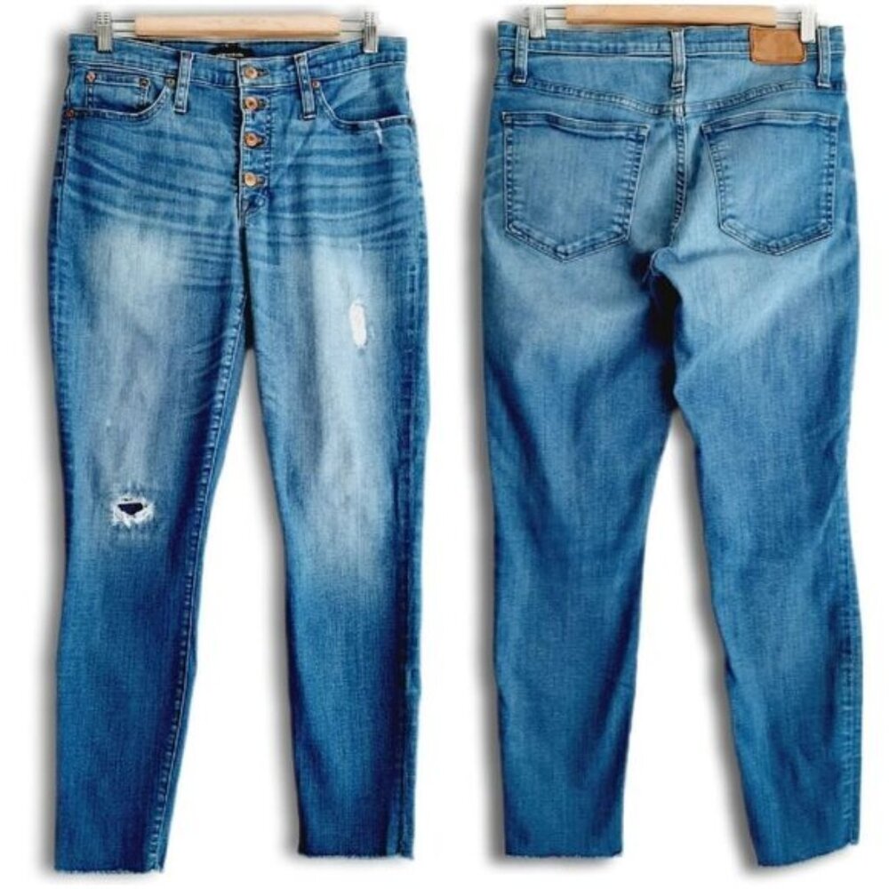 J. CREW | 9" High-Rise Toothpick Skinny Distressed Blue Jeans Sz 30 Flawed